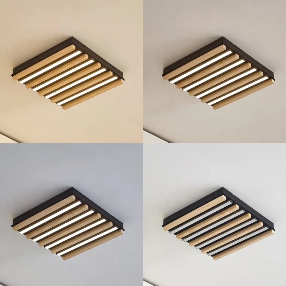 Lindby LED-loftlampe Firka, hvid, træ, 42 cm, CCT, dæmpbar.