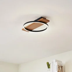 Lindby LED-loftlampe Galad, sort, træ, 30 cm, dæmpbar