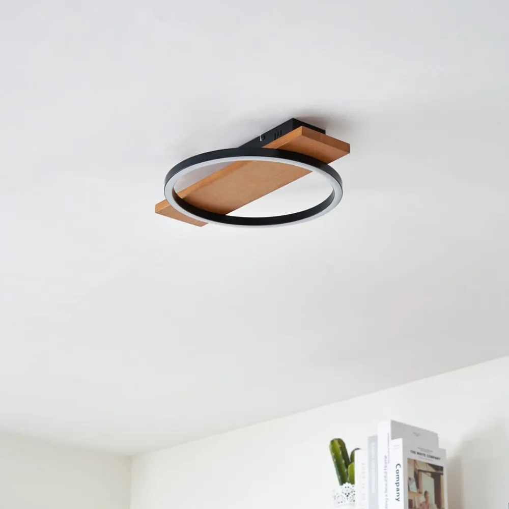 Lindby LED-loftlampe Galad, sort, træ, 30 cm, dæmpbar