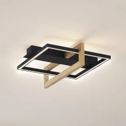 Lindby LED-loftlampe Holamu, 46 cm, sort, træ, metal