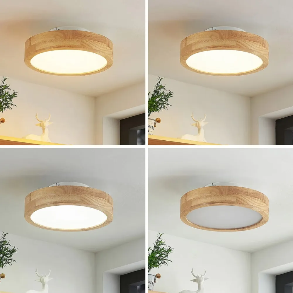 Lindby Gang|Loftlamper>LED-loftlampe Lanira, Ø 30 cm, træ, fjernbetjening, CCT