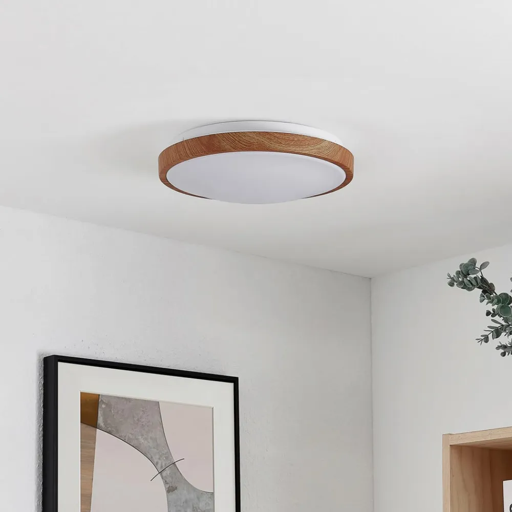 Lindby LED-loftlampe Mynte, Ø30cm, trælook, plast