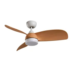 Lindby LED-loftventilator Enon, hvid/træfarvet, DC, støjsvag