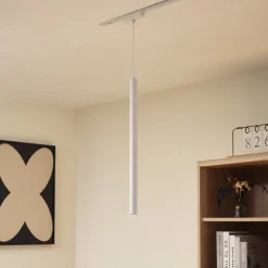 Lindby Skinnesystem>LED-pendellampe Lumaro, hvid, Ø 3cm,aluminium,48V,dæmpbar