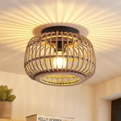 Lindby loftlampe Bominio, Ø 33 cm, rattan, træ, E27