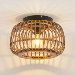Lindby loftlampe Bominio, Ø 33 cm, rattan, træ, E27