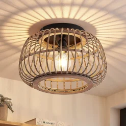 loftlampe Bominio, Ø 40 cm, rattan, træ, E27^Lindby Discount