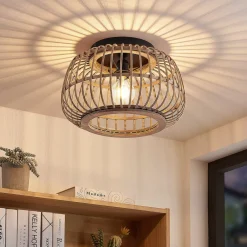 loftlampe Bominio, Ø 40 cm, rattan, træ, E27^Lindby Discount