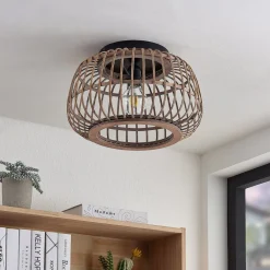 loftlampe Bominio, Ø 40 cm, rattan, træ, E27^Lindby Discount