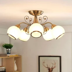 Lindby Gang|Loftlamper>loftlampe Corentin, 5 lyskilder, hvid/messing, glas