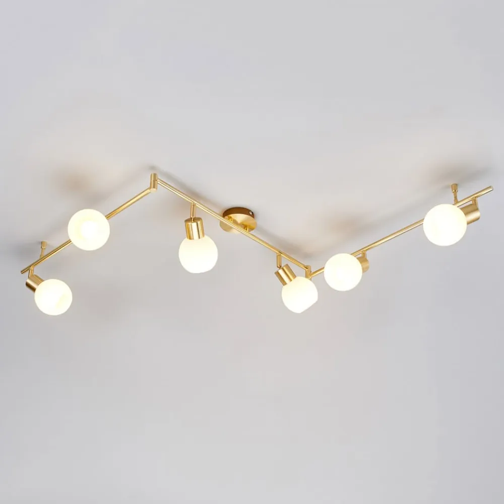 Lindby loftlampe Elaina, 180 cm, 6 lyskilder, messing, glas, E14