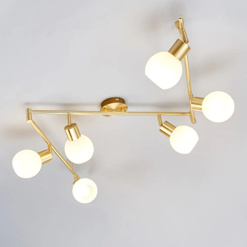 Lindby loftlampe Elaina, 180 cm, 6 lyskilder, messing, glas, E14