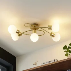 Lindby loftlampe Elaina, 66 cm, 5 lyskilder, messingfarvet, glas