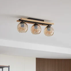 Lindby loftlampe Enrique, amber, 3 lyskilder, glas, træ, E27