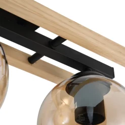 Lindby loftlampe Enrique, amber, 3 lyskilder, glas, træ, E27