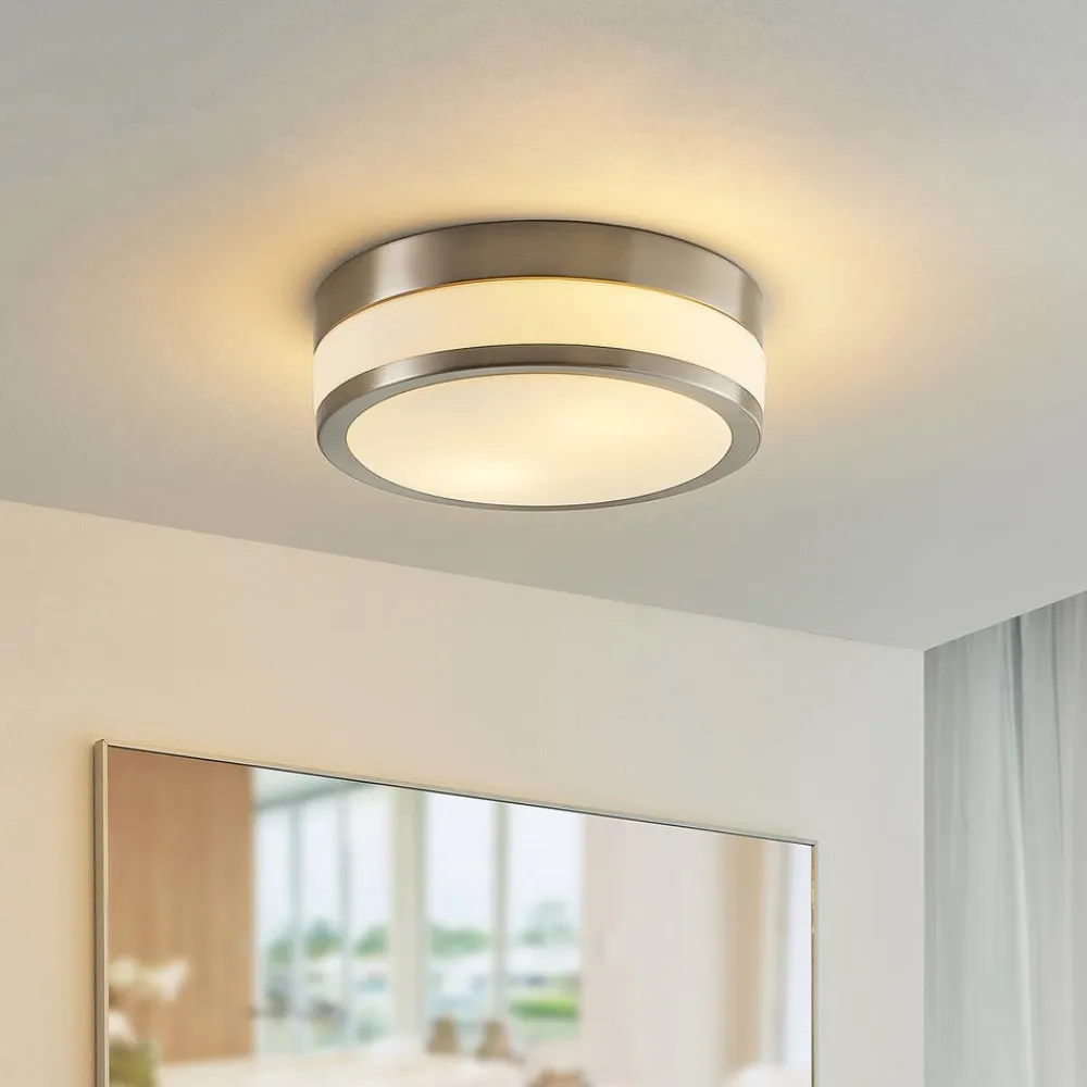 Loftlampe Flavi, Ø 28 cm, nikkel, glas, IP44, E27^Lindby New