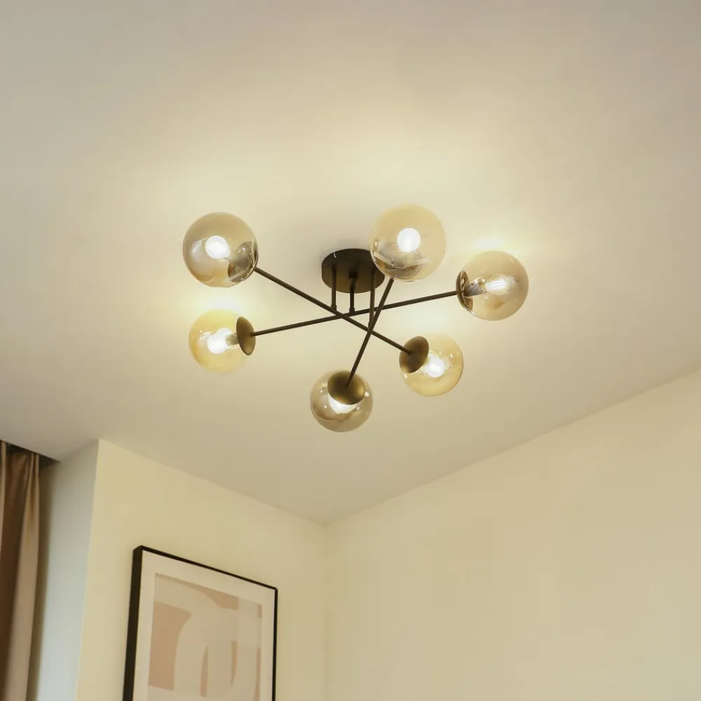 Lindby loftlampe Isamer, smoke grey/amber, Ø 80 cm, globe