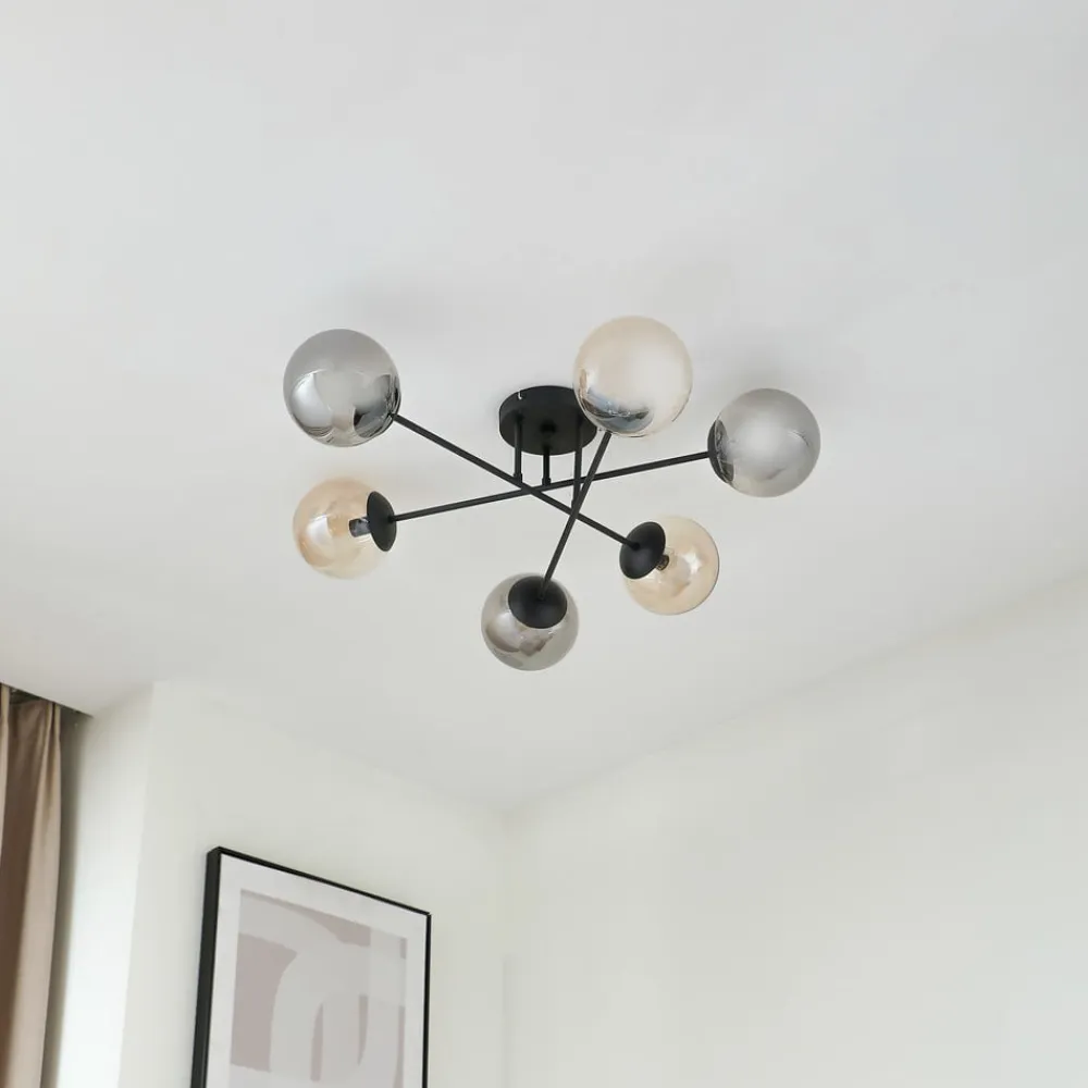 Lindby loftlampe Isamer, smoke grey/amber, Ø 80 cm, globe