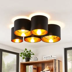 Lindby loftlampe Laurenz, 5 lyskilder, 83 cm sort/guld