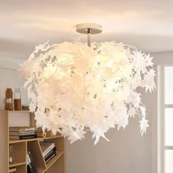 Lindby loftlampe Maple, Ø 70 cm, krom, hvid, tekstil