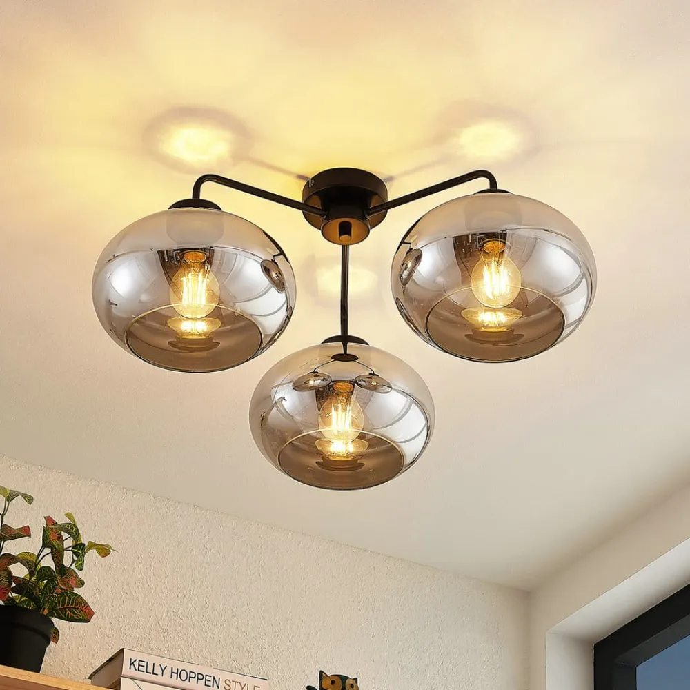 loftlampe Navidia, Ø 67 cm, sort, røgfarvet glas^Lindby Discount