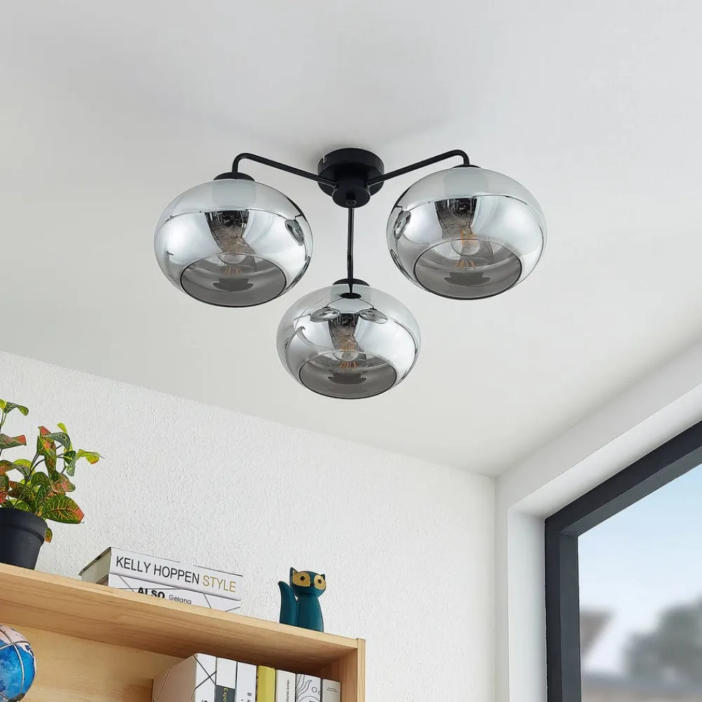 loftlampe Navidia, Ø 67 cm, sort, røgfarvet glas^Lindby Discount