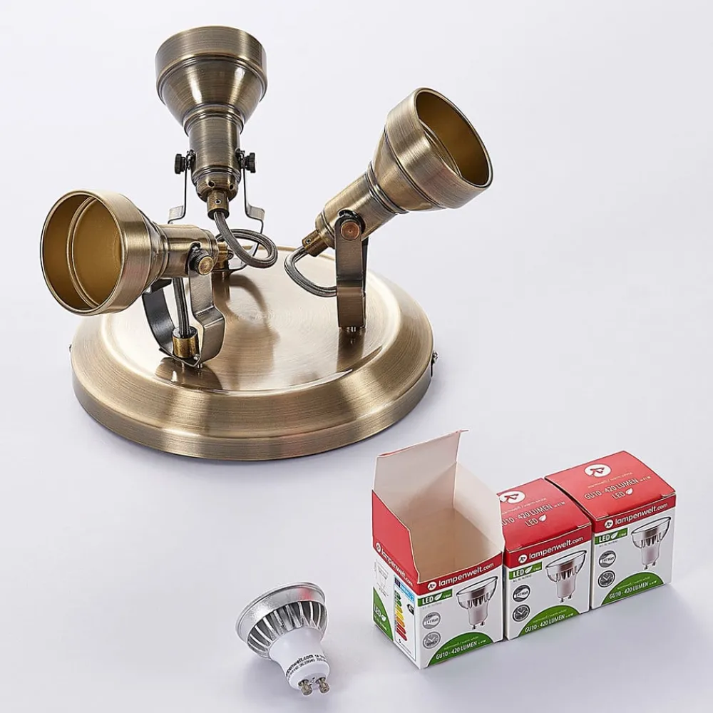 loftlampe Perseas, Ø 22cm, 3 lyskilder, antik messing, GU10^Lindby