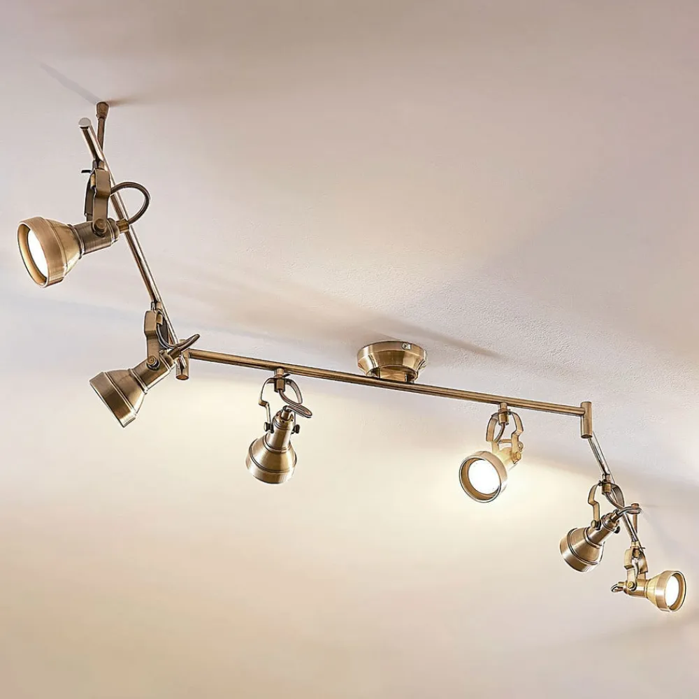 loftlampe Perseas, 180 cm, 6 lyskilder, antik messing, GU10^Lindby