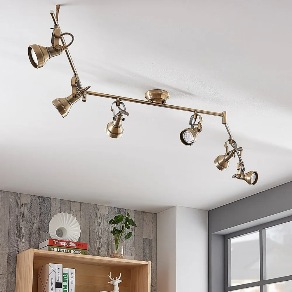 loftlampe Perseas, 180 cm, 6 lyskilder, antik messing, GU10^Lindby