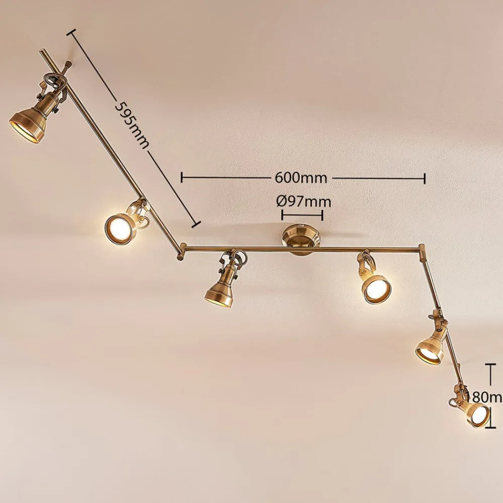 loftlampe Perseas, 180 cm, 6 lyskilder, antik messing, GU10^Lindby