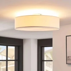 Lindby loftlampe Sebatin, Ø 50 cm, hvid, stof, E27