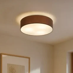 Lindby loftlampe Sebatin, Ø 50 cm, lysebrun, stof, E27