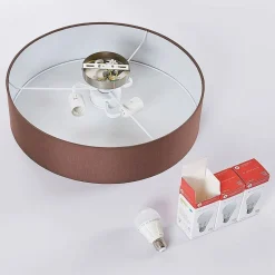 Lindby loftlampe Sebatin, Ø 50 cm, lysebrun, stof, E27