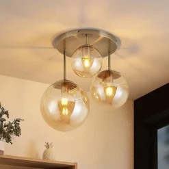 Lindby loftlampe Teeja, amber, 3 lyskilder, Ø47cm, glas, E27