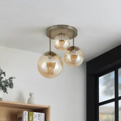 Lindby loftlampe Teeja, amber, 3 lyskilder, Ø47cm, glas, E27