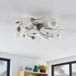 Lindby loftlampe Yannie, 5 lyskilder, 60 cm, nikkel/hvid, glas