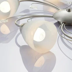 Lindby loftlampe Yannie, 5 lyskilder, 60 cm, nikkel/hvid, glas