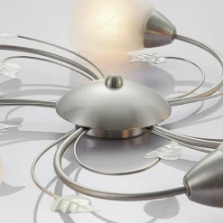 Lindby loftlampe Yannie, 5 lyskilder, 60 cm, nikkel/hvid, glas