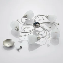 Lindby loftlampe Yannie, 5 lyskilder, 60 cm, nikkel/hvid, glas