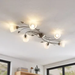 loftlampe Yannie, 6 lyskilder, 106 cm, nikkel/hvid, glas^Lindby Discount