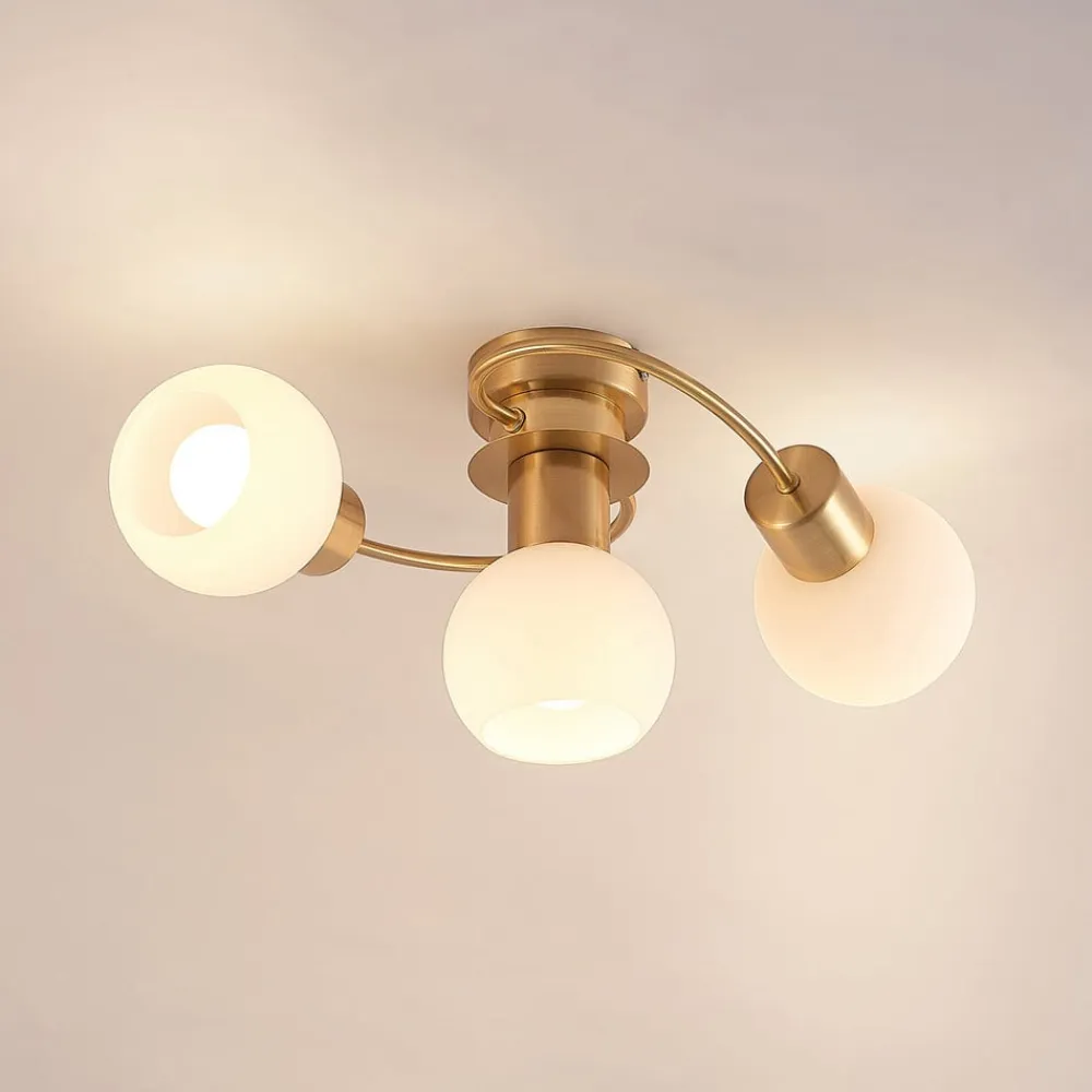 Lindby loftslampe Ciala, 3-lys, messingfarvet, glas