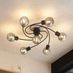 Lindby loftslampe Ciala, 7-lys, sort, smoke, glas