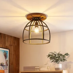 Lindby Loftlamper|Loftlamper>loftspot Rutger, Ø 34 cm, træ, bur, E27