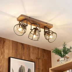 Lindby Loftlamper|Loftlamper>loftspot Rutger, 52 cm, 3 lyskilder, træ, bur, E14