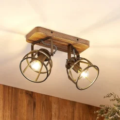 loftspot Rutger, 36 cm, 2 lyskilder, træ, bur, E14^Lindby Discount