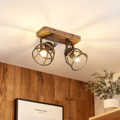 loftspot Rutger, 36 cm, 2 lyskilder, træ, bur, E14^Lindby Discount