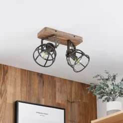 loftspot Rutger, 36 cm, 2 lyskilder, træ, bur, E14^Lindby Discount