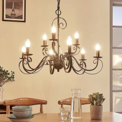 Lindby lysekrone Caleb, 9 lyskilder, rustfarvet, metal, E14