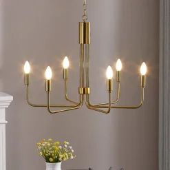 Lindby lysekrone Elanova, messing, 6 lyskilder, Ø 70 cm, E14