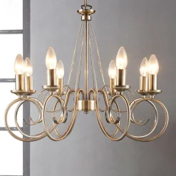 Lindby lysekrone Marnia, 8 lyskilder, Ø 53 cm, antik messing, E14
